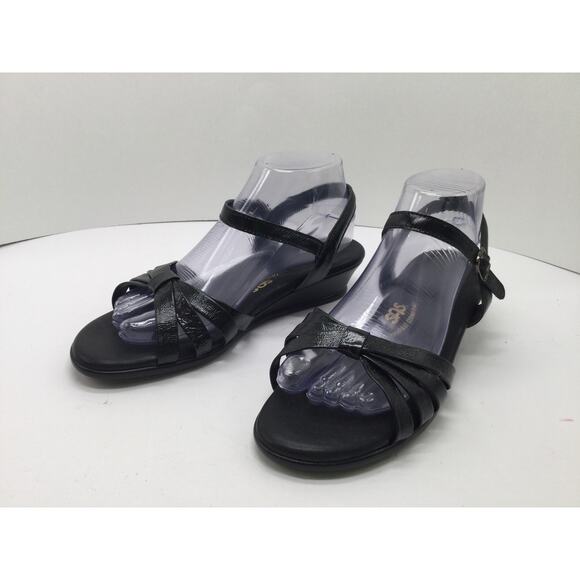 SAS Strippy Black Leather Quarter Strap Wedge Sandal Womens 6N - Picture 7 of 10